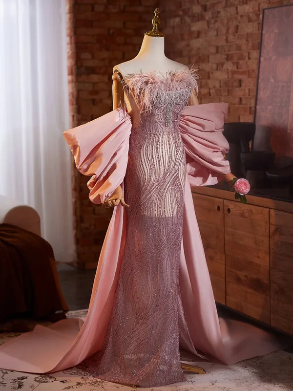 Lovely Blushing Pink Sequins Rhinestone Prom Dresses 2024 Trumpet / Mermaid Strapless Tassel Short Sleeve Backless Floor-Length / Long Prom Formal Dresses