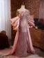 Lovely Blushing Pink Sequins Rhinestone Prom Dresses 2024 Trumpet / Mermaid Strapless Tassel Short Sleeve Backless Floor-Length / Long Prom Formal Dresses