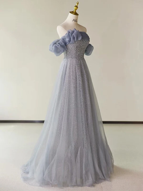 Chic / Beautiful Lavender Beading Evening Dresses 2023 A-Line / Princess Off-The-Shoulder Short Sleeve Backless Floor-Length / Long Evening Party Formal Dresses