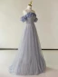 Chic / Beautiful Lavender Beading Evening Dresses 2023 A-Line / Princess Off-The-Shoulder Short Sleeve Backless Floor-Length / Long Evening Party Formal Dresses