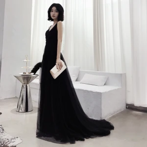 Charming Black Evening Dresses 2022 A Line Princess V Neck Sleeveless Backless Floor Length Long Evening Party Formal Dresses