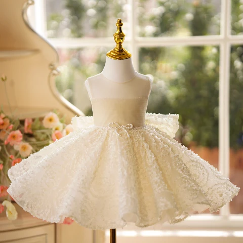 Hermoso Champán Ruffle Cumpleaños Cortos Vestidos para niñas 2024 Ball Gown Scoop Escote Sin Mangas Perla Cinturón Bowknot