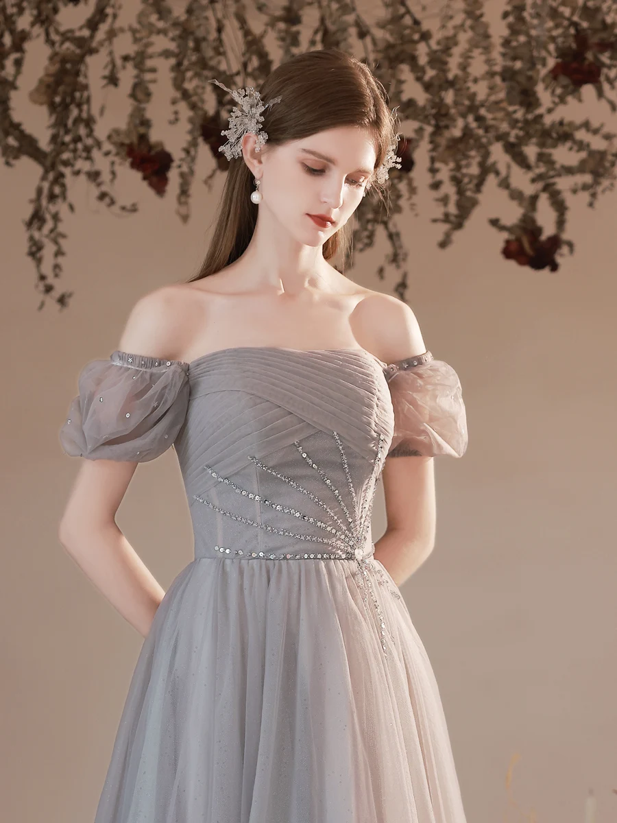 knee length dresses for ladies Simple Gray A line satin long prom dress gray long formal dress – dresstby main image 1