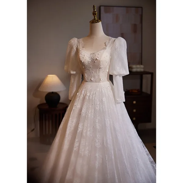 Elegant White Pearl Lace Flower Prom Dresses 2024 Ball Gown V-Neck 3/4 Sleeve Backless Sweep Train Prom Formal Dresses
