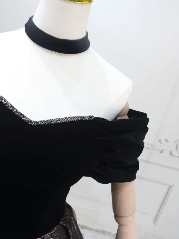 Vintage / Retro Black Gold Ball Gown Prom Dresses 2025 Off-The-Shoulder Short Sleeve Backless Floor-Length / Long Prom Formal Dresses