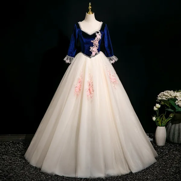 Elegant Burgundy Beading Sequins Lace Flower Appliques Prom Dresses 2025 Ball Gown Square Neckline 3/4 Sleeve Backless Floor-Length / Long Formal Dresses