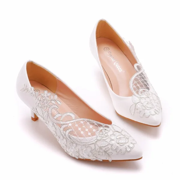 Élégant Blanche En Dentelle Fleur Paillettes Chaussure De Mariée 2023 5 cm Talons Aiguilles À Bout Pointu Mariage Escarpins Talons Hauts