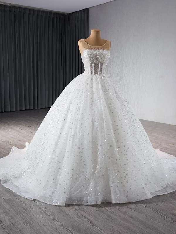 High-end White Handmade  Beading Sequins Wedding Dresses 2024 Ball Gown Scoop Neck Sleeveless Court Train Wedding