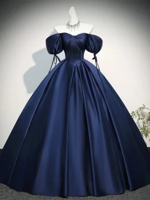 Vintage Retro Navy Blue Prom Dresses 2026 Ball Gown Off The Shoulder Puffy Short Sleeve Backless Floor Length Long Formal Dresses