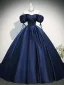 Vintage / Retro Navy Blue Prom Dresses 2026 Ball Gown Off-The-Shoulder Puffy Short Sleeve Backless Floor-Length / Long Formal Dresses