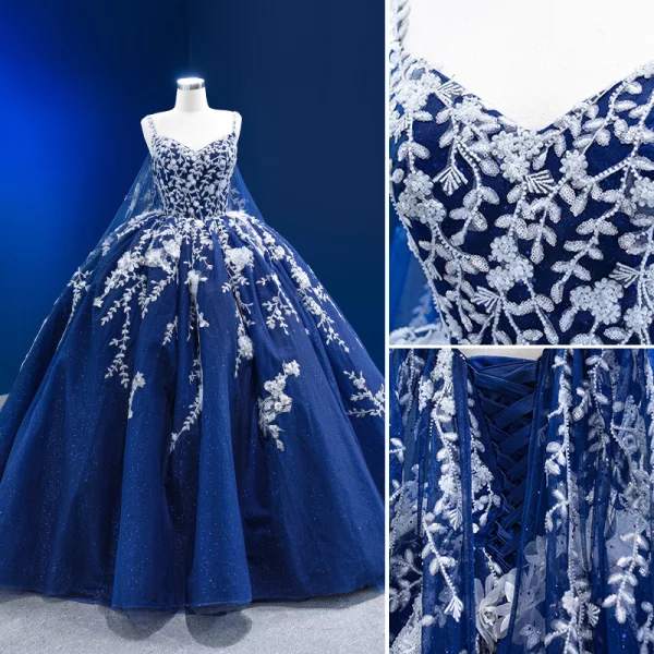 Haut de Gamme Bleu Marine Fait main Perlage Paillettes Appliques Robe De Bal 2023 Robe Boule Bretelles Spaghetti Sans Manches Dos Nu Longue Promo Robe De Ceremonie