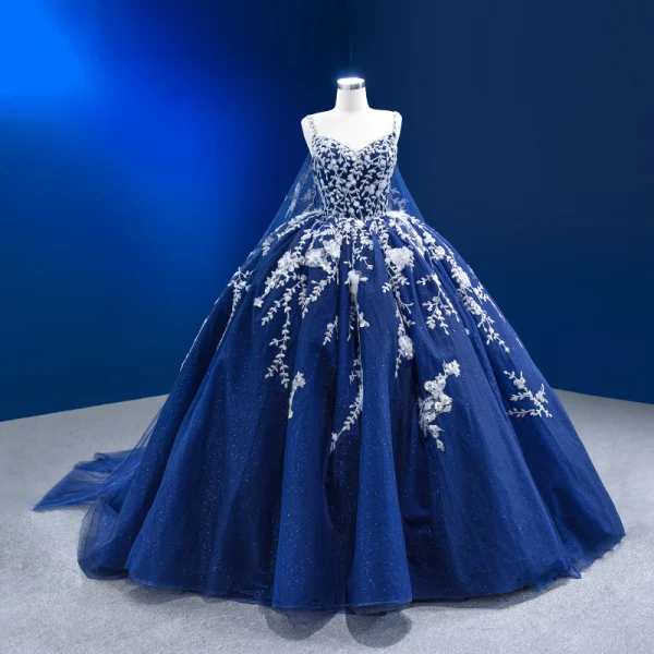Haut de Gamme Bleu Marine Fait main Perlage Paillettes Appliques Robe De Bal 2023 Robe Boule Bretelles Spaghetti Sans Manches Dos Nu Longue Promo Robe De Ceremonie