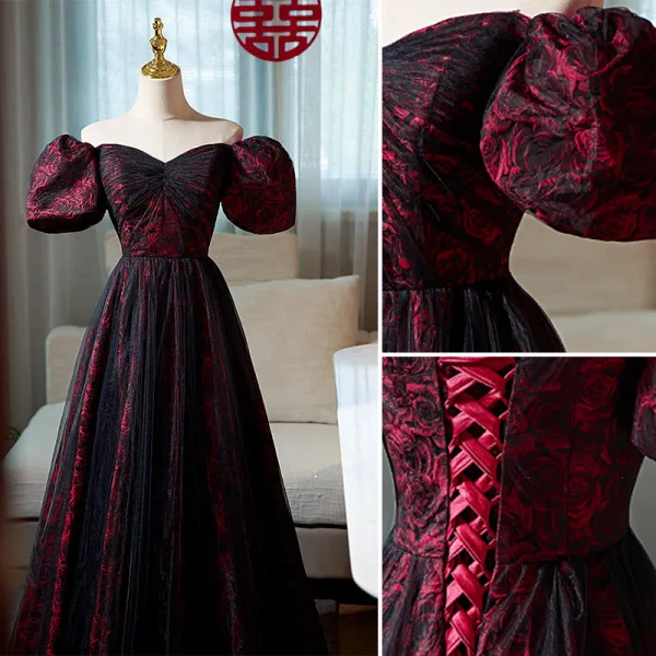 Elegant Burgundy Printing Prom Dresses 2022 A-Line / Princess Off-The-Shoulder Puffy Short Sleeve Backless Floor-Length / Long Prom Formal Dresses