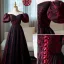 Elegant Burgundy Printing Prom Dresses 2022 A-Line / Princess Off-The-Shoulder Puffy Short Sleeve Backless Floor-Length / Long Prom Formal Dresses