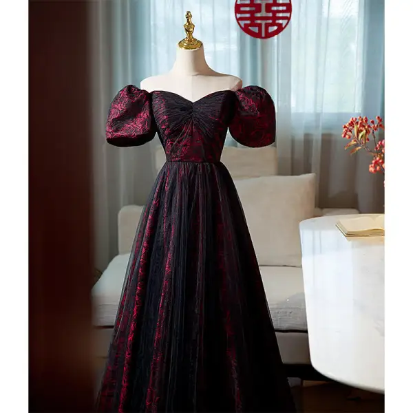 Elegant Burgundy Printing Prom Dresses 2022 A-Line / Princess Off-The-Shoulder Puffy Short Sleeve Backless Floor-Length / Long Prom Formal Dresses