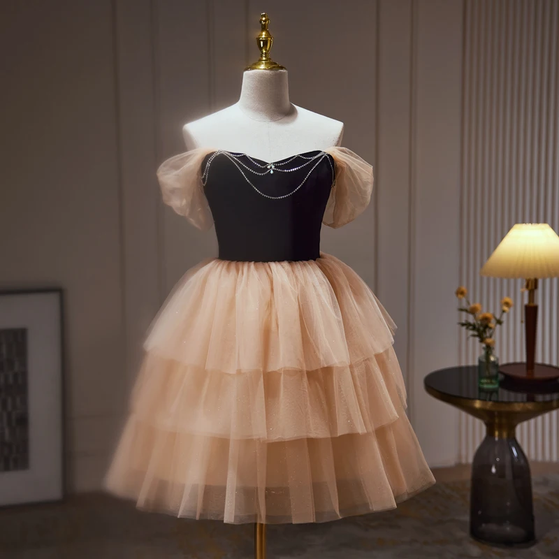 Sexy Champagne Rhinestone Cascading Ruffles Short Party Dresses 2023 Off-The-Shoulder