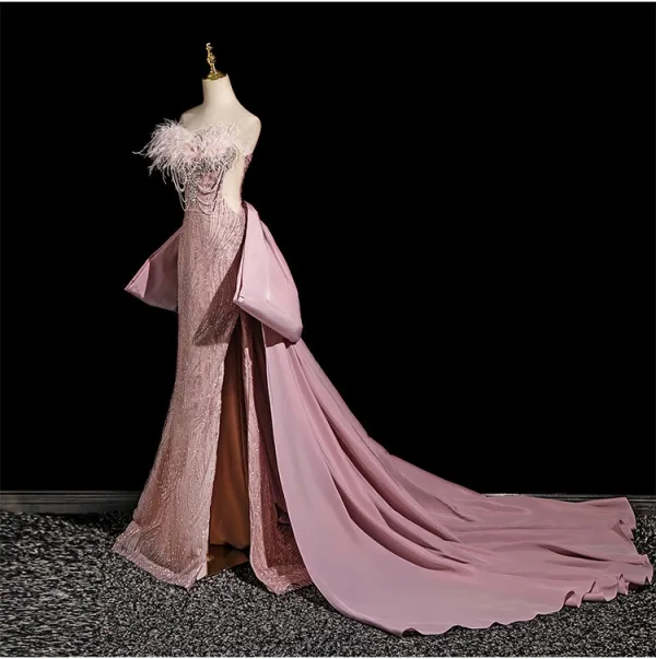 Sexy Rougissant Rose Perlage Faux Diamant Paillettes Gland Robe De Soirée 2025 Trompette / Sirène Bustier Sans Manches Dos Nu Noeud Tribunal Train Soirée