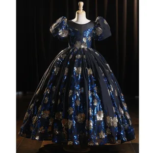 Elegant Navy Blue Sequins Birthday Flower Girl Dresses 2025 Ball Gown Scoop Neck Puffy Short Sleeve Backless Floor Length Long