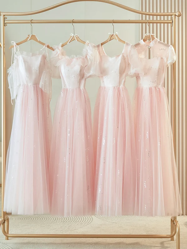 Simple Rougissant Rose Paillettes Robe Demoiselle D'honneur 2024 Princesse Manches Courtes Dos Nu Longue