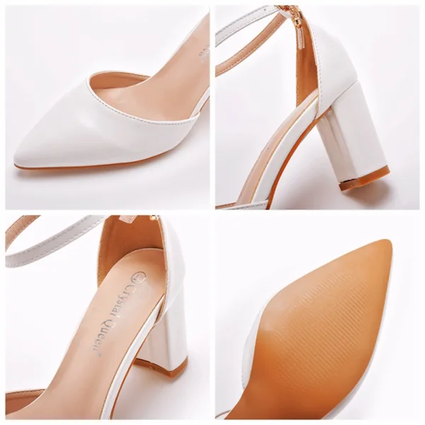 Modest / Simple White Wedding Shoes 2023 Ankle Strap 10 cm Thick Heels Pointed Toe Wedding Shoes High Heels