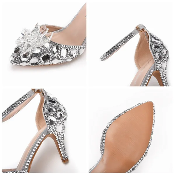 Cinderella Champagne Crystal Wedding Shoes 2022 Rhinestone Ankle Strap 7 cm Stiletto Heels Pointed Toe Wedding Shoes High Heels