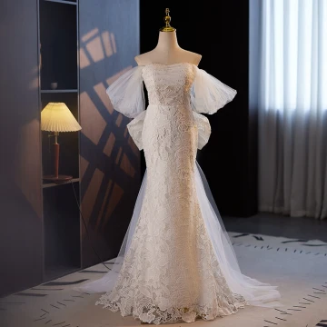 Vintage Originale Ivoire Perlage Perle En Dentelle Fleur Robe De Mariée 2024 Trompette Sirène De L Épaule Manches Courtes Train De Balayage