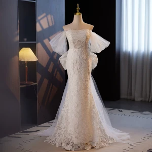 Vintage Marfil Rebordear Perla Con Encaje Flor Vestidos De Novia 2024 Trumpet Mermaid Fuera Del Hombro Manga Corta Colas De Barrido
