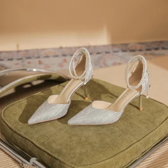 Charming Silver Pearl Ankle Strap Glitter Evening Party Womens Sandals 2023 8 Cm Stiletto Heels Pointed Toe Sandals High Heels