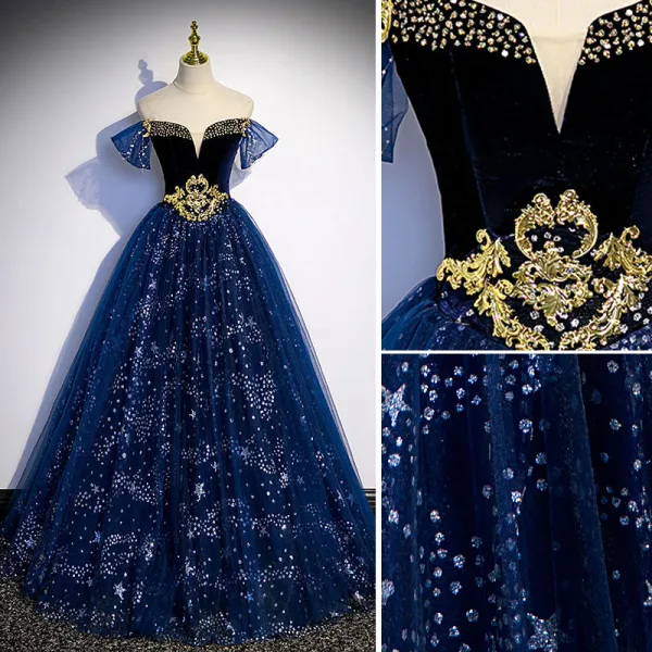 Charmant Bleu Marine Robe De Soirée 2022 Robe Boule De l'épaule Perlage Perle Paillettes Manches Courtes Dos Nu Longue Soirée Robe De Ceremonie