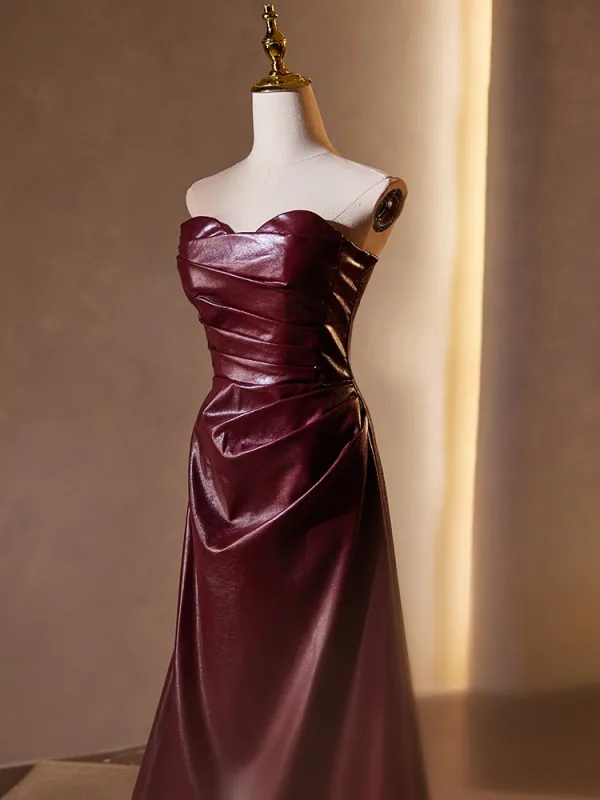 Sexy Burgundy Evening Dresses 2024 A-Line / Princess Strapless Sleeveless Backless Floor-Length / Long Evening Party Formal Dresses