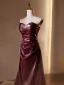 Sexy Burgundy Evening Dresses 2024 A-Line / Princess Strapless Sleeveless Backless Floor-Length / Long Evening Party Formal Dresses
