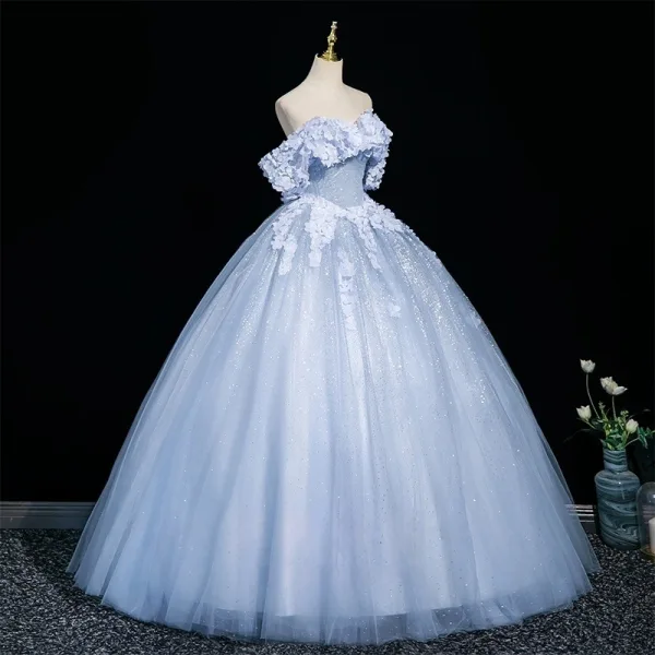 Chic / Beautiful Sky Blue Appliques Prom Dresses A-Line / Princess 2025 Off-The-Shoulder Short Sleeve Backless Floor-Length / Long Formal Dresses