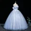 Chic / Beautiful Sky Blue Appliques Prom Dresses A-Line / Princess 2025 Off-The-Shoulder Short Sleeve Backless Floor-Length / Long Formal Dresses