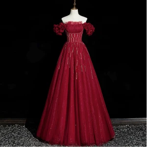 Charming Burgundy Beading Sequins Evening Dresses 2023 A Line Princess Puffy Off The Shoulder Short Sleeve Backless Floor Length Long Evening Party Formal Dresses