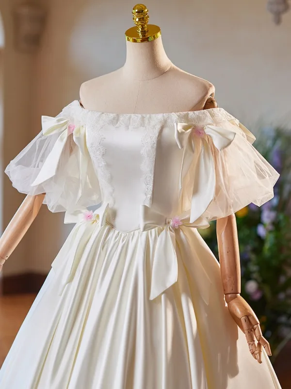 Vintage / Retro Ivory Satin Lace Flower Prom Dresses 2024 Ball Gown Off-The-Shoulder Bow Short Sleeve Backless Floor-Length / Long Prom Formal Dresses