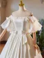 Vintage / Retro Ivory Satin Lace Flower Prom Dresses 2024 Ball Gown Off-The-Shoulder Bow Short Sleeve Backless Floor-Length / Long Prom Formal Dresses