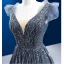 High-end Gradient-Color Grey Beading Sequins Evening Dresses 2022 A-Line / Princess V-Neck Sleeveless Backless Court Train Evening Party Formal Dresses