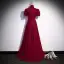 Chinese style Burgundy Pearl Rhinestone Lace Flower Evening Dresses 2022 A-Line / Princess High Neck Short Sleeve Floor-Length / Long Evening Party Formal Dresses