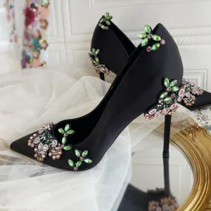 Chic Belle Noire Faux Diamant Promo Escarpins 2024 Satin 10 Cm Talons Aiguilles À Bout Pointu Escarpins Talons Hauts