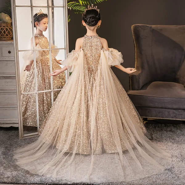 Sparkly Gold Sequins Birthday Sweep Train Flower Girl Dresses 2025 Ball Gown High Neck Short Sleeve