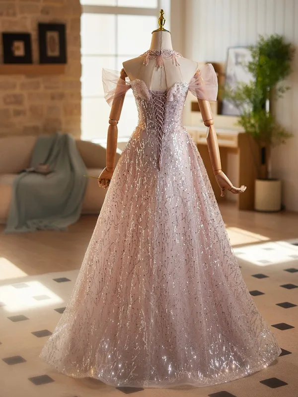 Charming Blushing Pink Beading Pearl Sequins Prom Dresses 2025 A-Line / Princess High Neck Short Sleeve Backless Floor-Length / Long Tulle Prom Formal Dresses