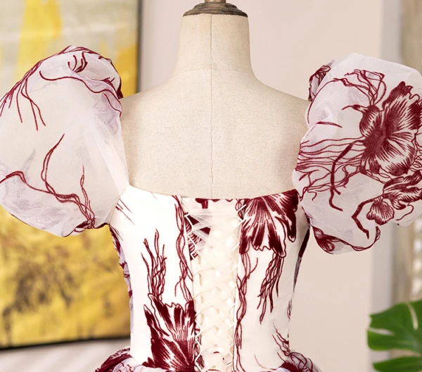 Chic / Beautiful Burgundy Printing Prom Dresses 2024 A-Line / Princess Square Neckline Puffy Short Sleeve Backless Floor-Length / Long Prom Formal Dresses