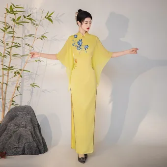 Chinese Style Yellow Lace Flower Split Front Cheongsam 2025 Trumpet Mermaid High Neck Short Sleeve Floor Length Long Evening Party Cheongsam Qipao