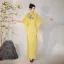 Chinese style Yellow Lace Flower Split Front Cheongsam 2025 Trumpet / Mermaid High Neck Short Sleeve Floor-Length / Long Evening Party Cheongsam / Qipao
