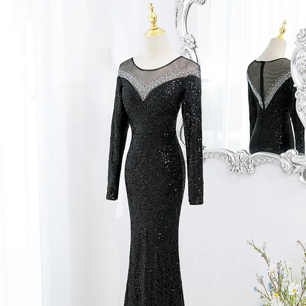 Charmant Scintillantes Noire Faux Diamant Paillettes Robe De Soirée 2022 Trompette / Sirène Encolure Dégagée Manches Longues Train De Balayage Soirée Robe De Ceremonie