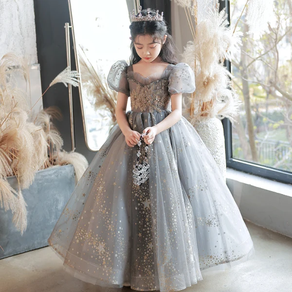 Chic / Belle Gris Étoile Paillettes Anniversaire Robe Ceremonie Fille 2022 Robe Boule Encolure Carrée Gonflée Manches Courtes Perlage Dos Nu Longue Robe Ceremonie Fille