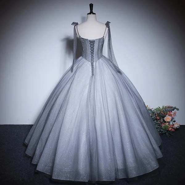 Chic / Beautiful Grey Pearl Prom Dresses 2023 Ball Gown Spaghetti Straps Sleeveless Backless Floor-Length / Long Prom Formal Dresses