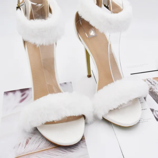 Sexy White Plush Wedding Shoes 2022 Leather 11 cm Stiletto Heels Open / Peep Toe Sandals High Heels