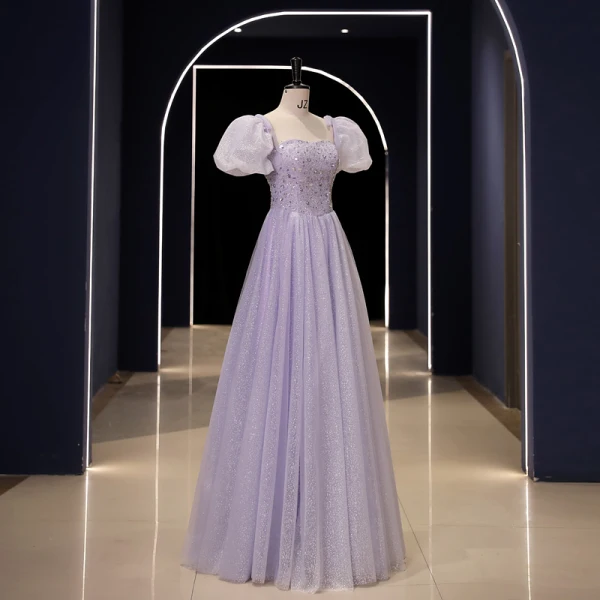 Elegante Lavendel Pailletten Ballkleider 2023 A Linie Eckiger Ausschnitt Geschwollenes Kurze Ärmel Rückenfreies Lange Ball Festliche Kleider
