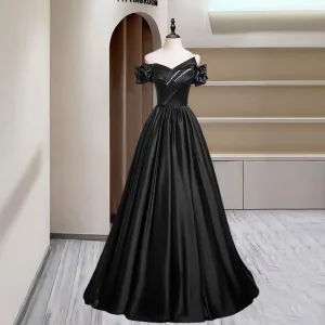 Élégant Noire Satin Robe De Bal 2025 Princesse De L Épaule Manches Courtes Dos Nu Longue Robe De Ceremonie